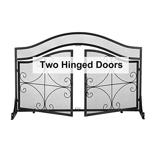 VINGLI Wrought Iron Fireplace Screen with 2 Magnetic Doors, Fire Place Panel Free Standing Gate with Mesh Cover for Baby Safe, Spark Guard and Wood Burning Hearth Accessories