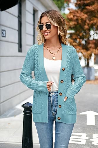 Image of Womens Cardigan Sweaters Cable Knit Sweater 2026 Fall Winter Chunky Open Front Button Down Coats with Pockets