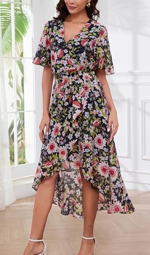Image of Kormei Womens Short Sleeve Floral Maxi Dress High Low V-Neck Flowy Party Long Dresses