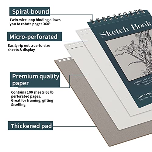 5.5" X 8.5" Sketchbook Set, Top Spiral Bound Sketch Pad, 2 Packs 100-Sheets Each (68Lb/100Gsm), Acid Free Art Sketch Book Artistic Drawing Painting Writing Paper For Beginners Artists #TOP2