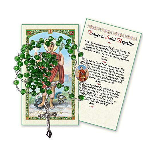 Saint Expedite San Expedito Patron for Urgent Matters Green Quartz Cristal Faceted Rondelle 8mm Beads Rosary with Silver Plated Crucifix and Medal Centerpiece Includes a Prayer Card2