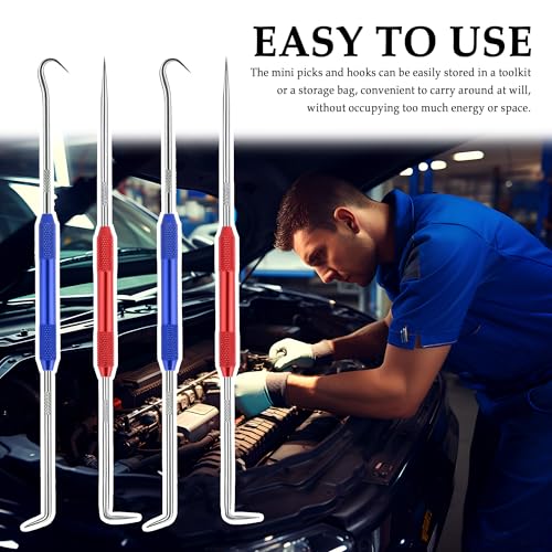 Image of Salior 4PCS CarbonSteel Hook Tool and Pick Set,Double End Pick and Hook Set Auxiliary Dismantling Fittings,Universal O Ring Pick Set and Hook Tool Car Accessories Fit for Most Vehicles (Red+Blue)