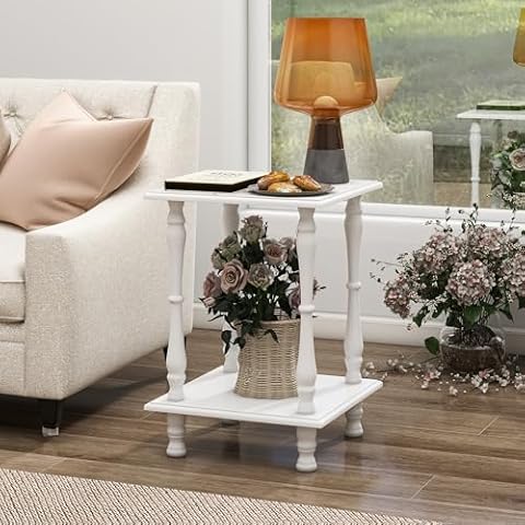 Tltaroni Square End Table with Storage Shelf Vintage Sofa Side Table 2-Tier Wooden Retro Bedside Table for Living Room Bedroom and Small Space, White Cover