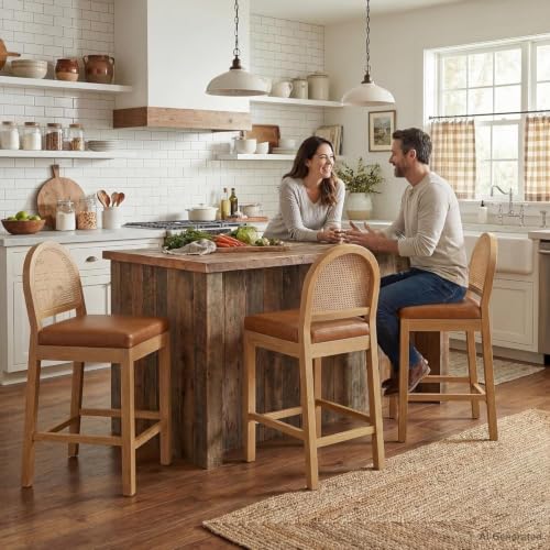 Image of STHOUYN Upholstered Rattan Bar Stools Set of 4, Wooden Island Chairs, Brown
