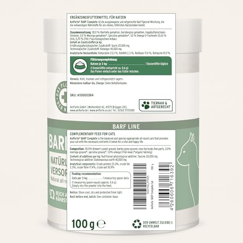 AniForte Barf Complete Katze 100g - Natürliche Rundumversorgung mit Omega 3, Bierhefe, Taurin, Hagebutte, Premium Futter Zusatz zum Barfen, Vitamine & Mineralstoffe
