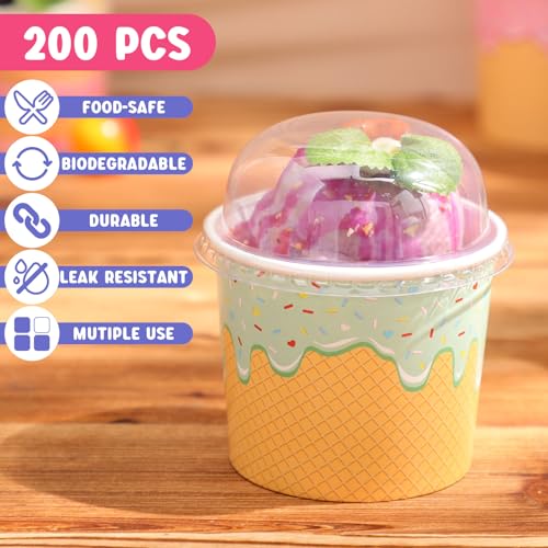 Image of Jingmore 100 Count Paper Ice Cream Cups with Clear Dome Lids Disposable Dessert Cups Bulk Dessert Bowls Sundae Containers for Snack Yogurt Soup Birthday Ice Cream Party Supplies (6 oz)