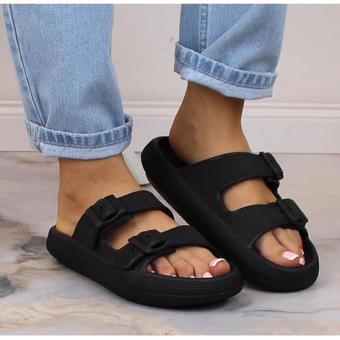 Image of Women Adjustable Open Toe Slide Sandals Classic Ultra Soft EVA Footbed Summer Designed to Fit Flat Buckle Sliders for Women & Girls