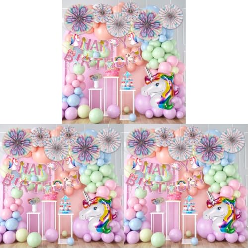 Image of Rozi Decoration Unicorn Theme Birthday Decoration Kit | 60 Pcs Set with Unicorn Balloon, Pastel Balloons, Paper Fans, Happy Birthday Banner (Paper Cardstock), Glue Dots & Arch Roll (Pack of 3)