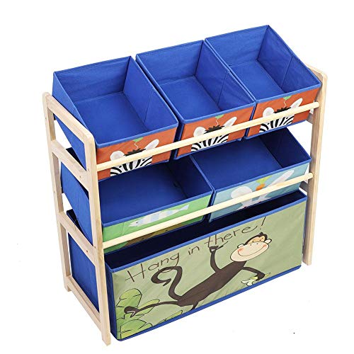 Preisvergleich Produktbild lyrlody 3 Schichten Spielzeugregal Blau Aufbewahrungsregal Spielzeugablage Kinderregal Kinderkommode Holzregal mit 6 Vlies Box, Multi Toy Organizer für Haus und Kindergarten, 65 * 28 * 60,5 cm
