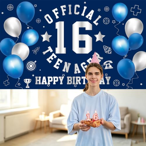 Image of 16th Birthday Decorations for Boys Happy 16th Birthday Banner Blue Silver | Large Official Teenager Sweet 16th Backdrop 16 Year Old HBD Party Decorations Supplies
