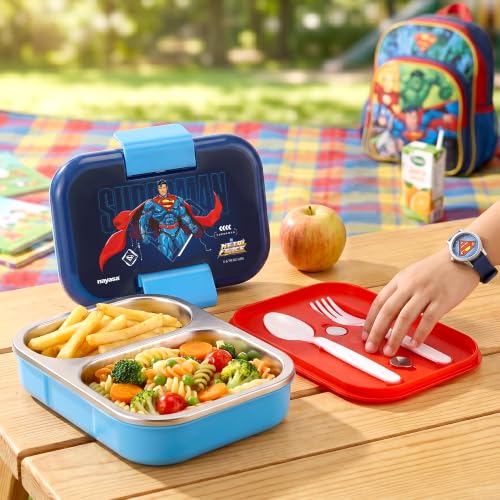 Nayasa Marco Super Man Print 2 Compartment Stainless Steel Insulated Lunch Box for Kids | Vacuum Sealed Leak Proof Tiffin Box | 650 ml | Blue & Dark Blue