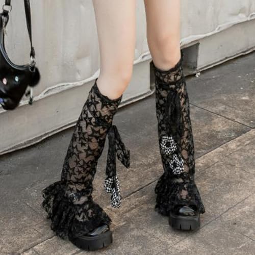 Image of SOLILOQUY Women Y2K Ruffle Lace Leg Warmer Kawaii Lolita Long Thigh High Socks Harajuku JK Tiered Sheer Tulle Boot Cuff Cover
