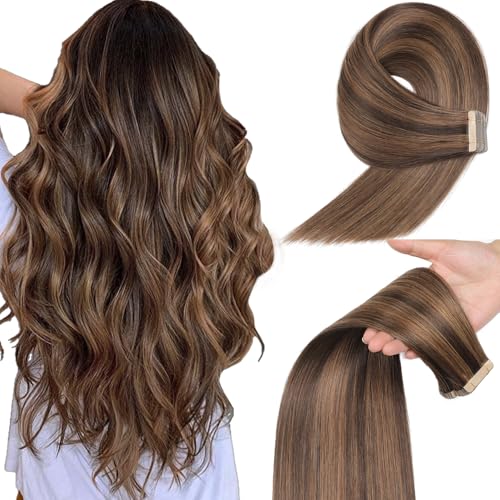 Image of YDDM Tape in Hair Extensions Human Hair, Dark Brown Highlighted Chestnut Brown 100% Remy Human Hair 20pcs 16 Inch Straight Seamless Invisible Tape in Hair Extensions(P2 /6#, 16 Inch)