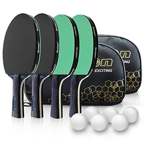 Senston Table Tennis Bats 4 Player Set with Carry Case, 4 Table Tennis Racket and 6 Ping Pong Balls, Intermediate Advanced Play