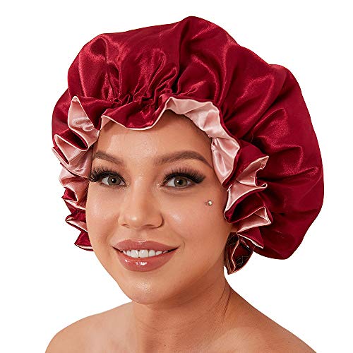 Silk Bonnet for Black Women, Satin Bonnet for Natural Hair Bonnets for Curly Hair Cap, Silk Hair Wrap for Sleeping Large Satin Hair Bonnet for Long Hair(Wine Red)