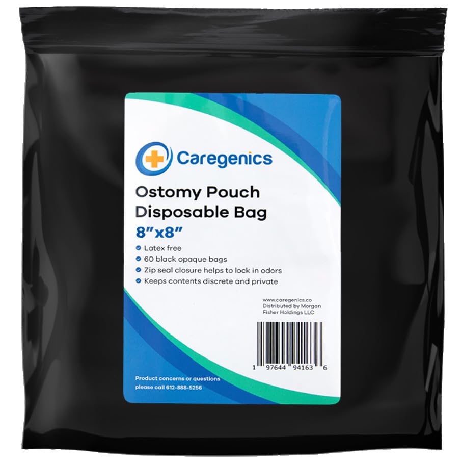 8x8 Ostomy Pouch Disposable Bags/Zip Seal Closure, Prevents and Locks in Odors, Mess-Free / 8"x8" by Caregenics (60 Count in a Bag)