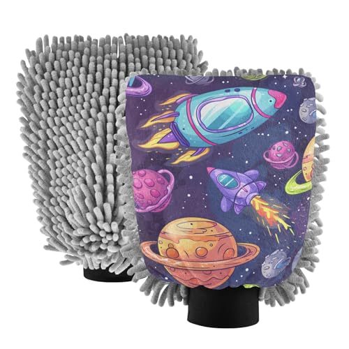 IOACIY Absorbent Microfiber Car Wash Drying Mitts, 2 Pack, Scratch-Free & Lint-Free, Rich Foam, Highly Absorbent, Double Sided, Wash Mitt Perfect for Car Washing, M, Universe Starry Sky Rocket (4)