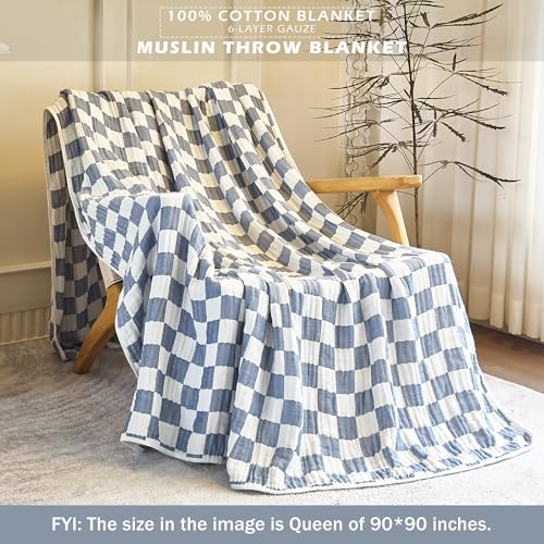 Image of SANACYNA 100% Cotton Throw Blanket 6-Layer Gauze Muslin Blanket Blue Grid Cooling Blanket Lightweight Soft and Breathable Blanket for Sofa Couch Gifts for Boys (Blue Checker, Throw 50 inchx60 inch)