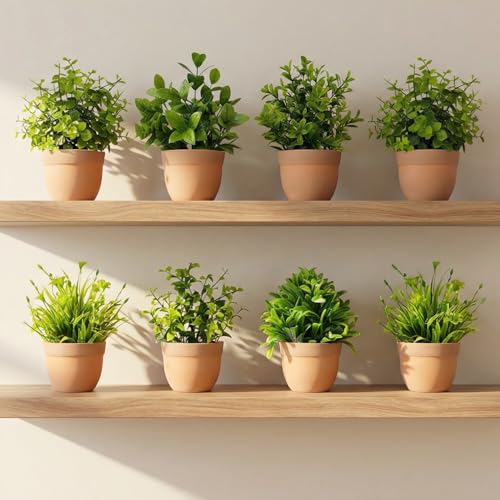Image of Dekorly Artificial Potted Plants, Artificial Plastic Eucalyptus Plants Small Indoor Potted Houseplants, Small Faux Plants for Home Decor Bathroom Office Farmhouse (Round Brown Pot-8)