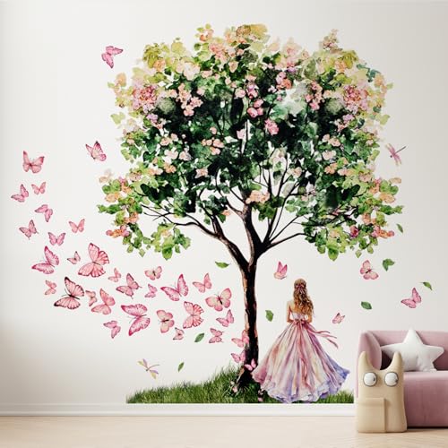 Vinilos decorativos de árbol floral para pared niña mariposa miniatura 4
