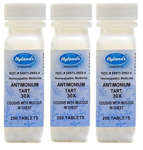 Hyland's Antimonium Tart. 30X Tablets, Natural Relief of Coughs with Mucous in Chest, 250 Count (Pack of 3)
