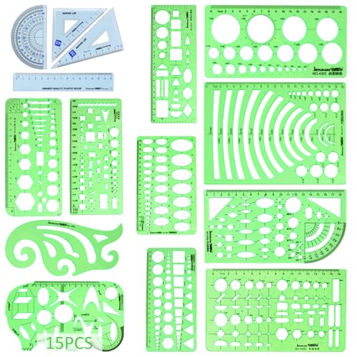 15PCS Geometric Drawings Templates Measuring Geometry Rulers Drafting Stencils Measuring Tools