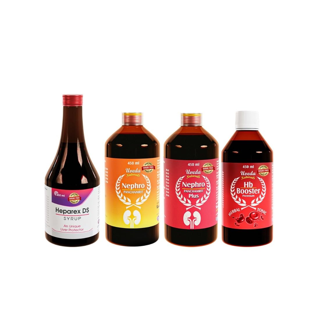 Uveda Naturals combo Heparex DS Sugar free 450ml | Hb Booster Sugar free 450ml | Nephro panchamrit and Nephro panchamrit plus Sugar free (15 days combo(1 Bottle Each))-image-44