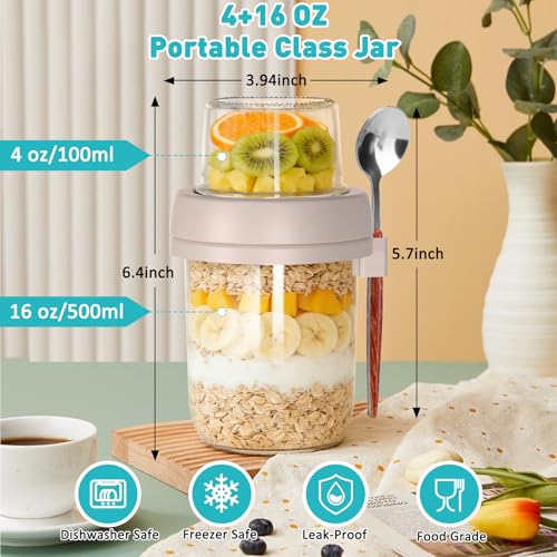 Image of 4 Pack 20 oz Overnight Oats Containers with Lids and Spoons, Glass | 16+4 oz Dual-Layer Glass Jars Dry and Wet Separation, Leak Proof, Good Grade, Reusable, Portable,For Oatmeal Salad Yogurt