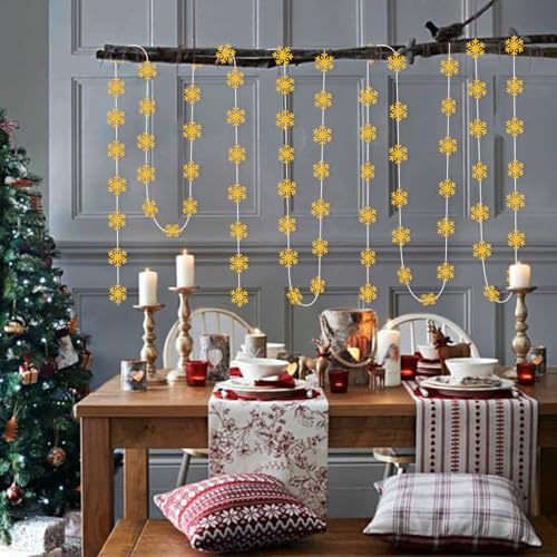 Image of Snowflake-Snow Gold Christmas Party-Decoration Garland - 52ft Winter Wonderland Frozen Ornaments Hanging Paper Streamers,New Years Birthday Baby Shower Bachelorette Wedding Ceiling Decor Hugfond