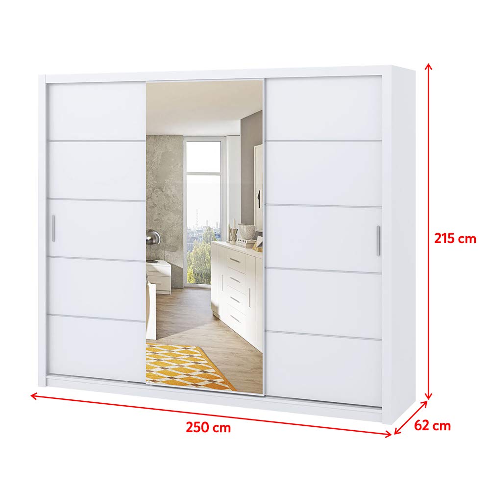 Selsey Rinker – Schwebetürenschrank/Kleiderschrank 3-türig mit Spiegel, 2 Kleiderstangen, 250 cm cm (Weiß Matt)