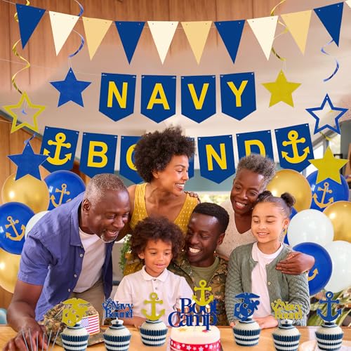 Image of Holkcog Navy Party Decorations, Blue White Military Themd Banner, Farewell Party Welcome Ceremony, Navy Bound Themed Cupcake Decorations, Boot Camp Bound Cupcake Topper Supply