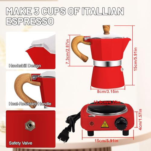 Image of 2-in-1 Moka Pot Espresso Set with Electric Stove 3 Cup Aluminum Stovetop Coffee Maker Percolator Italian Classic Mocha Coffee Machine for Italian and Cuban Cafe Brewing Portable Camping Red