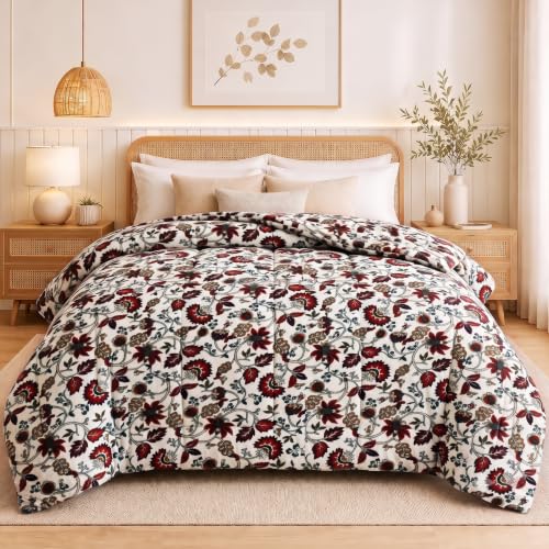 Image of SANMARINO Luxury Flannel Quilted Comforter for Double Bed | Ultra Soft Plush Razai with Modern Floral Design | Fuffly, Cozy All Season Blanket for Mild & Heavy Winter |220x230 cm,Cream & Maroon