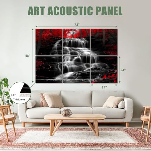 6 Pack Paneles Acústicos Artísticos Absorbentes de Sonido en Negro, Blanco y Rojo con Diseño de Paisaje de Cascada y Bosque, Autoadhesivos, para Estudios de Grabación y Oficina, 72"x48" miniatura 2