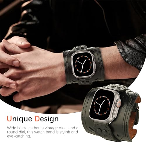 VIQIV Black Leather Band Compatible with Apple Watch Ultra 2/Ultra Bands 49mm 45mm 44mm 42mm for Men Women, Wide Genuine Leather Cuff Wristband Replacement Bands for iWatch Ultra 2/Ultra SE 2/SE Series 9 8 7 6 5 4 3 2 1 Sports & Edition