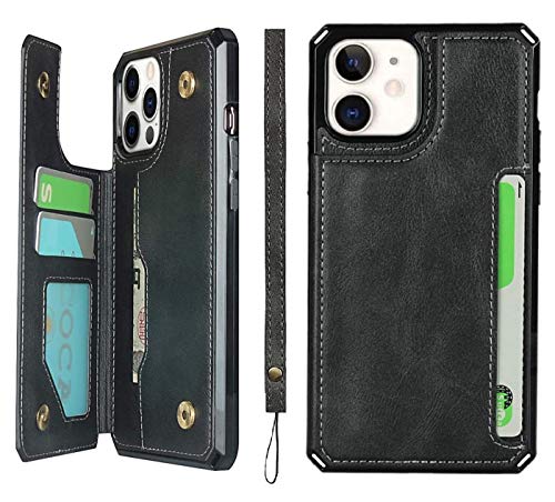 iCoverCase Compatible with iPhone 12/12 Pro Wallet Case with Card Slots Holder and Wrist Strap Premium PU Leather Kickstand Magnetic Clasp Shockproof Flip Folio Cover with Lanyard (Black)