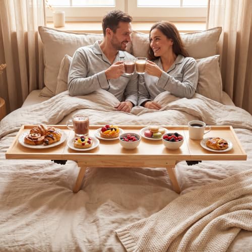 Image of Ripeng 40.2 x 11.8 x 7.9 Inch Extra Large Bed Table Tray for Two with Folding Legs, One Piece, Foldable Dual Use Bamboo Couple Bed Serving Tray for Eating, Working, Laptop, TV, Desk, Coffee Tea Snack