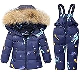 FAIRYRAIN Kinder Mädchen Jungen Zwei Stück Daunenjacke Schneeanzug mit Künstliches Fell Kaputze Winterjacke Mit Daunenhose Snow Ski Bib Hose Bekleidungsset Snowsuit
