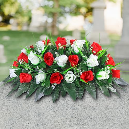 LVXINLI Artificial Cemetery Flower-Outdoor Grave Saddle Headstone Decorations,Red and White Rose Memorial Day Flowers for gravesite (Red and White)… image 7