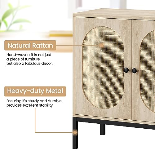 Image of Sideboard Buffet Cabinet with Storage, Accent Cabinet with Rattan Doors, Adjustable Shelf & Metal Feet, Coffee Bar Liquor Cabinet for Living Room, Dining Room, Hallway & Kitchen,Beige