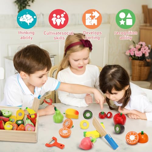 Wooden Play Food Set for Toddlers Toys Pretend Play Kitchen Accessories Fruit Cutting Set for Kids Gift for Boys Girls Montessori Educational Toys — view 3