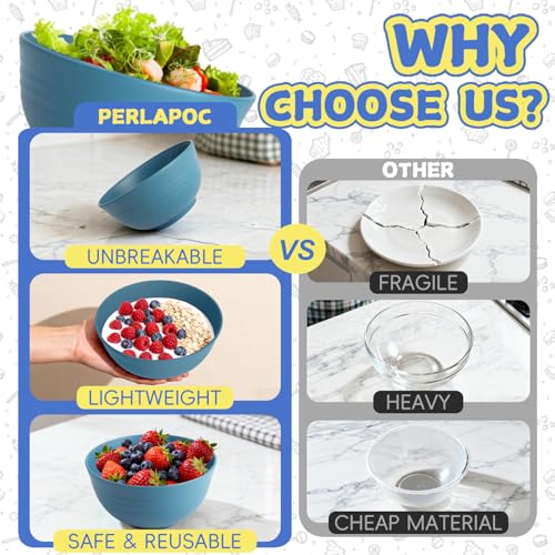 Image of 26 OZ Wheat Straw Bowls Set of 6, Reusable Plastic Kitchen Bowls, Unbreakable Bowls Set for Cereal, Salad, Snack, Soup, Ideal for Indoor & Outdoor, Microwave & Dishwasher Safe, Blue