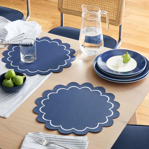 Image of kate spade new york Scallop Edge Round Reversible Placemats 6-Pack Set, Imitation Leather with Metallic Print, Water Resistant, Easy Wipe Clean, Navy /Silver, 15 inch Round
