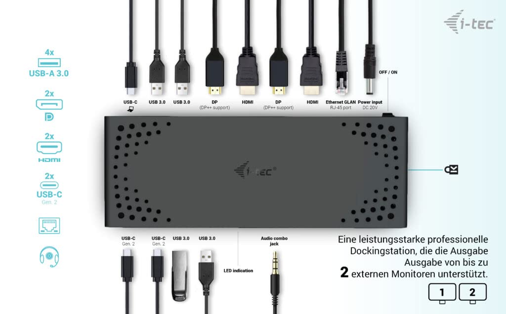 i-tec USB 3.0 / USB-C/Thunderbolt 3 Dual Display Docking Station Gen2 mit Stromversorgung 100W