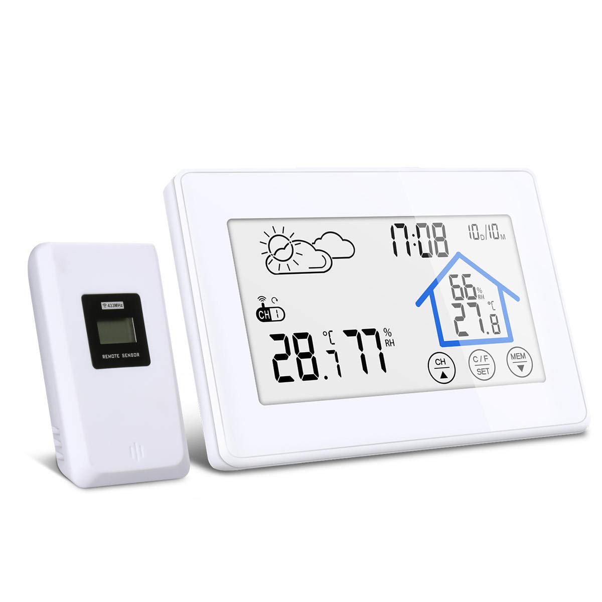 Kinglan Wireless Weather Station Indoor Outdoor Thermometer Digital Hygrometer Temperature And Humidity Monitor Timer Date Backlight W/Wireless Sensor