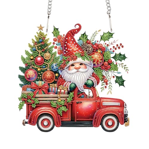 Image of 5D DIY Christmas Diamond Art Pendant Kit, Gnome, Christmas Tree & Car Design, Diamond Painting Hanging Ornament for Adults, Crystal Window & Door Decor, Holiday Gift Wall Home Decoration (24.1x23.4cm)