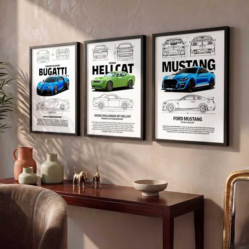 Image of walllane Big Bugatti Chiron, Dodge Hellcat, Ford Mustang Cars Framed Posters Gift Items for Boys Room Wall Decoration Bedroom Living Room Office Studio Decor | Car Poster Frame for Wall Decor Set Of 3 Size(10x13 inch), Framed)