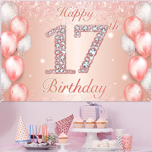 Image of Happy 17th Birthday Rose Gold Banner Cheers to 17 Years Old Backdrop Confetti Balloons Theme Decor for Girls 17 Years Old Pink Birthday Party Decorations Bday Supplies Background Favors Gift Glitter