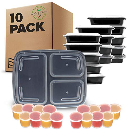 10er Pack- 3-Fach Meal Prep Boxen mit Deckel | BPA-frei | Wiederverwendbar, Stapelbar | Geeignet für Mikrowelle, Gefrierschrank & Geschirrspüler | GRATIS 10 Saucen / Dressing Dosen + 10 Etiketten