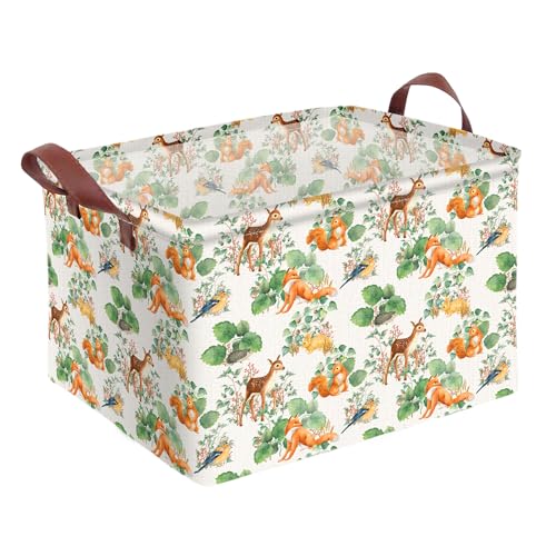 Image of Woodland Animal Storage Basket Home Forest Decor Waterproof Canvas Toy Storage Bin Collapsible Outdoor Basket with Leather Handles Woodland Decor Blanket Baskets For Closets,Bedrooms,Gifts Baskets